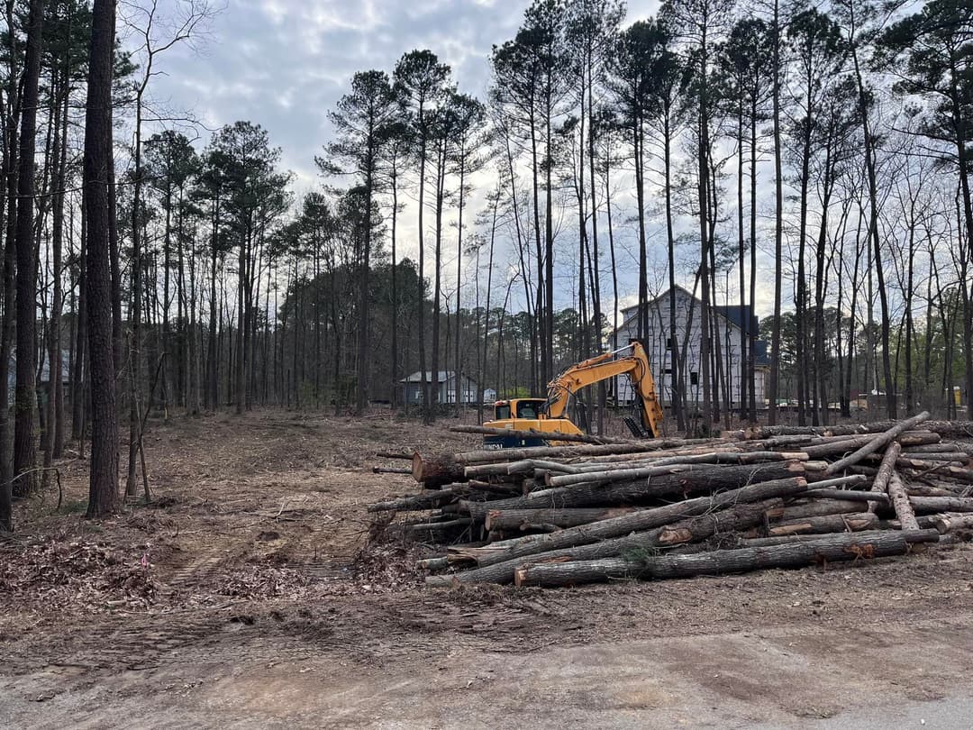 Excavator on a cleared forest site with logs stacked, surrounded by tall trees.