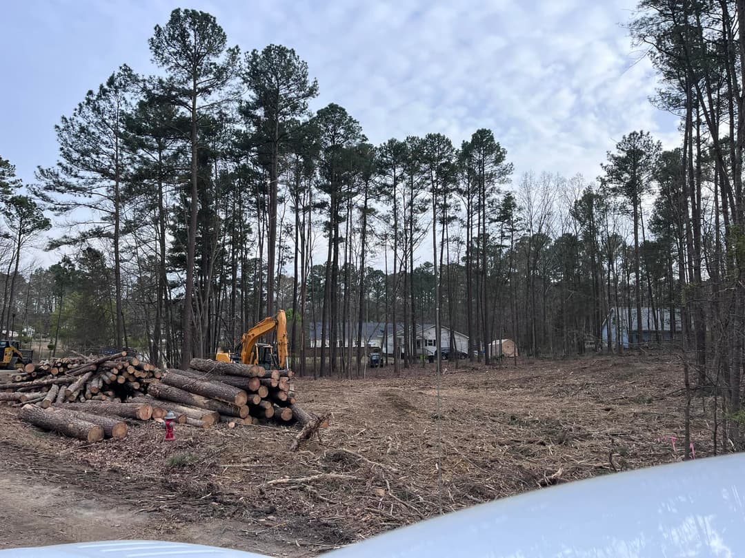 Cleared forest area with logs and machinery, preparing for construction in wooded landscape.